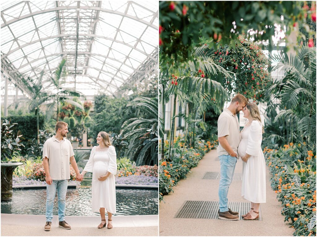 Left: Couple standing at the entrance of the Conservatory at Longwood Gardens Maternity Session. Right: Couple standing together in Conservatory.