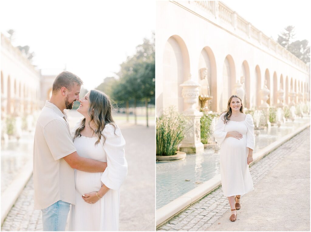 Left: Couple nose to nose at a maternity session. Right: woman walking next to the fountains.