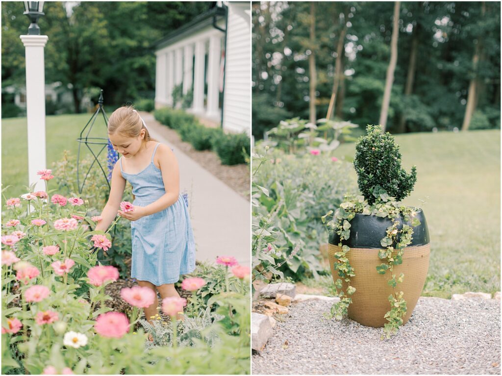 On the left a young girl picking zinnias and on the right, a topiary in a pot with ivy 