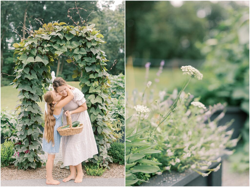On the left, a young girl kissing her mother. On the right, details of herbs in the garden.