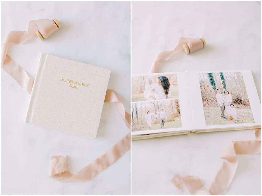 Left: flat lay of photography photo album. Right: details of the pages of the photo album.