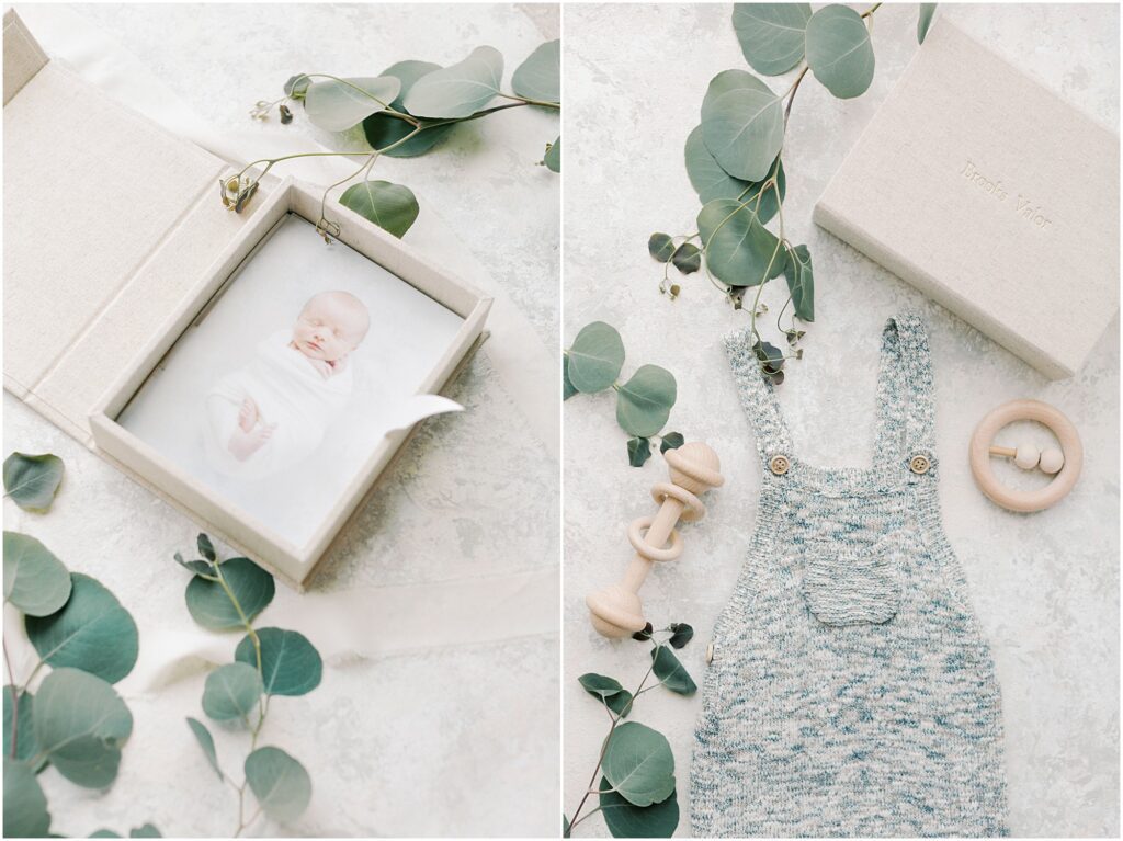 Left: Open photo linen storage box with newborn photos in it. Right: Linen photo box on newborn flay lay with wooden rattles, eucalyptus and knit overalls. 