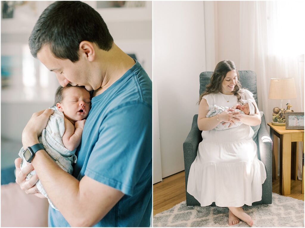 Left: Up close of dad kissing his baby's head. Right: mother sitting in a chair holding her baby in Elizabethtown PA Newborn Photographer.