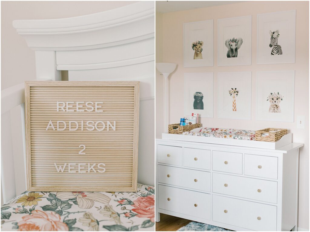 Left: Sign with baby's name and age. Right: nursery details of the dresser and artwork