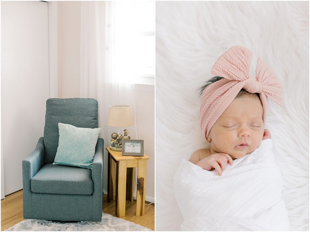 Left: Details of chair in baby's nursery. Rigth: Newborn baby girl on white background with large pink bow on her head.