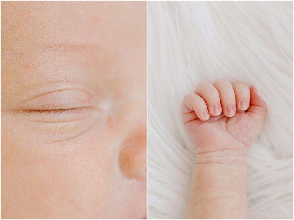 Left: Macro details of baby's eyelashes. Right: macro details of a baby's fist. 