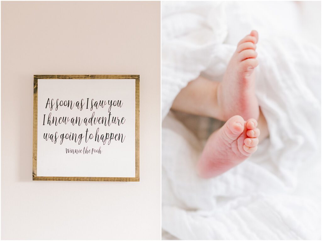 Left: Sign with quote in nursery. Right: details of a baby's toes