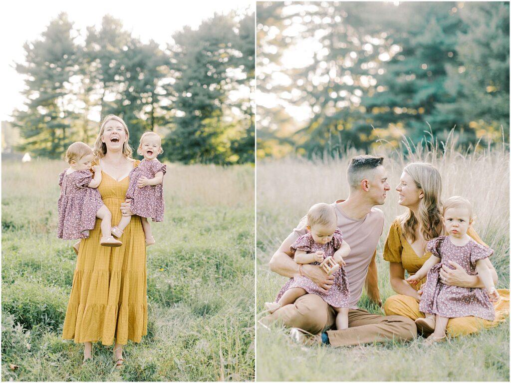 Left: Mother laughing with twin toddler daughters on her hips. Right: Parents looking at each other sitting in a field with twin daughters on their laps.
