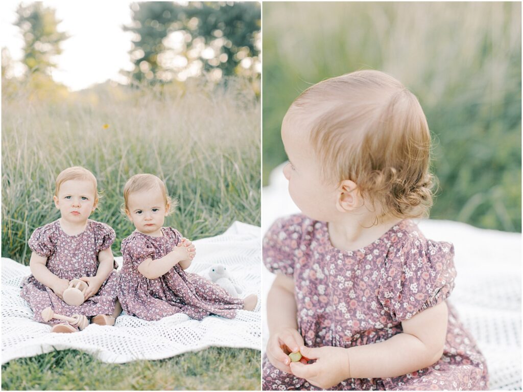 Left: twin toddler girls sitting on a white blanket looking at the camera. Right: details of a toddler girl's curls.