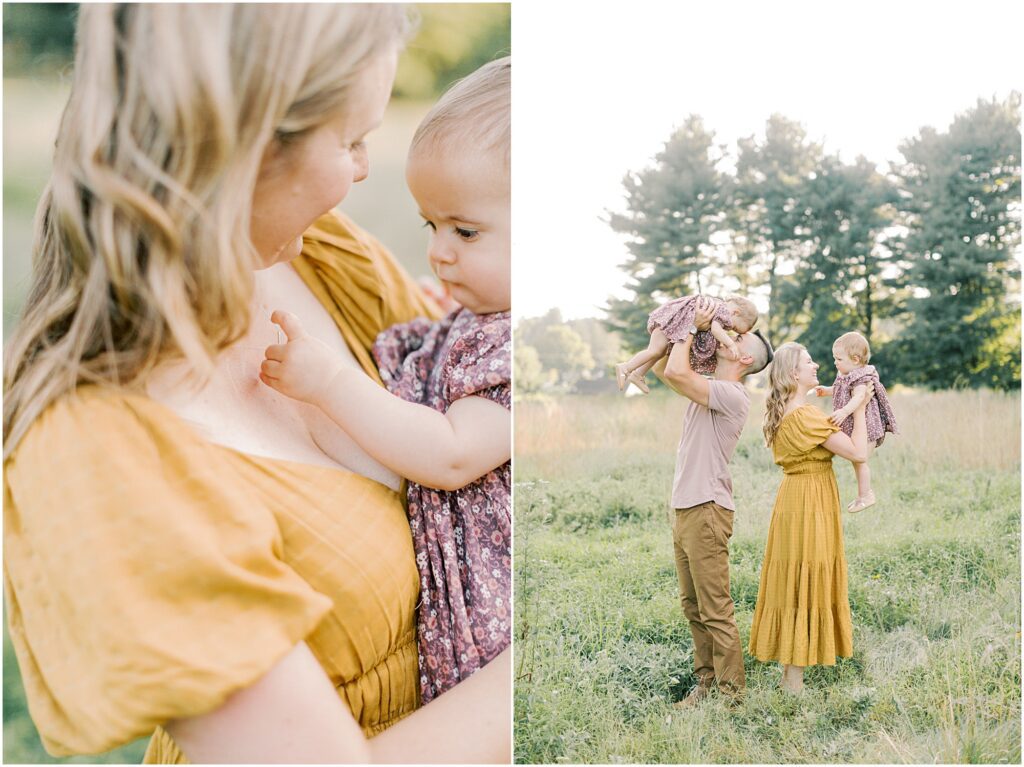 Left: up close details of toddler daughter touching mom's necklace. Right: Parent's standing back to back interacting with toddler twin girls at a family session at Lancaster County Central Park