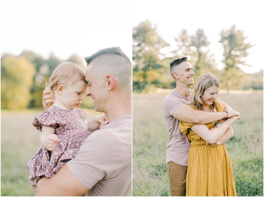 Left: Dad snuggles toddler girl's face close to his. Right: Man wraps his wife in a big bear hug.