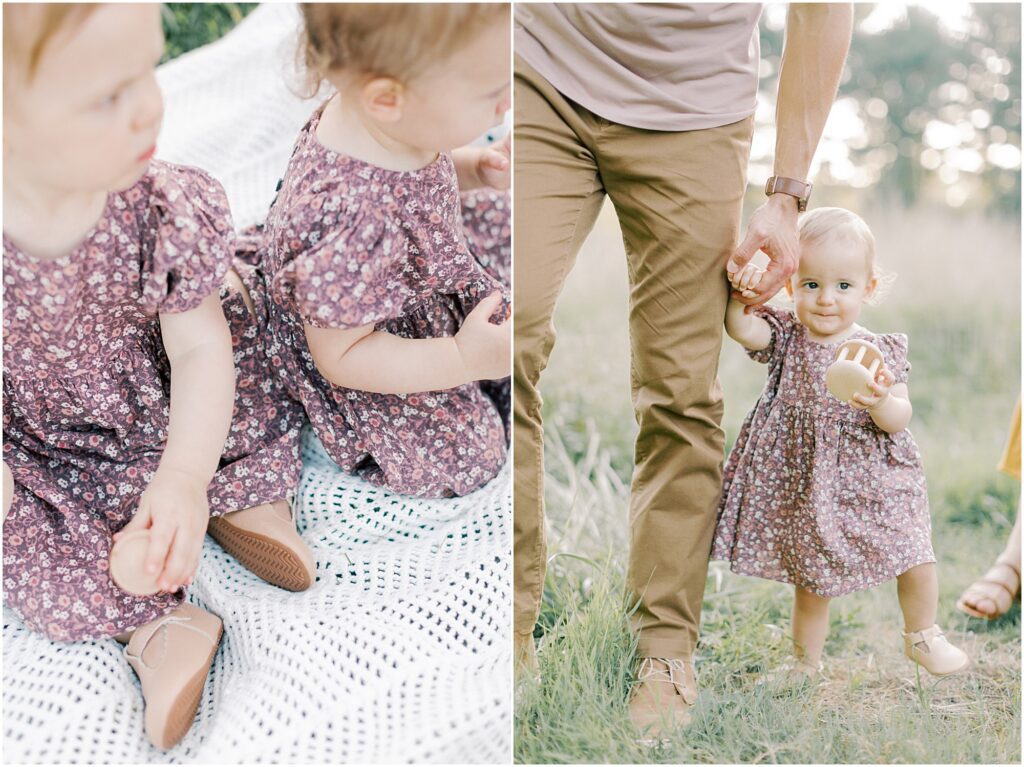Left: Details of toddler girl's dresses and shoes on a white blanket. Right: Dad helps toddler daughter to walk in the grass.