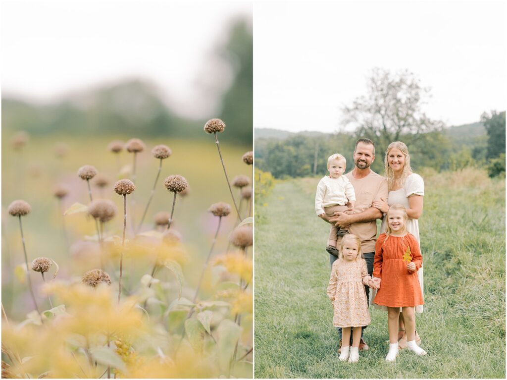 Left: brown fall flower pods. Right: Family outdoors at a Lancaster Fall Family Session