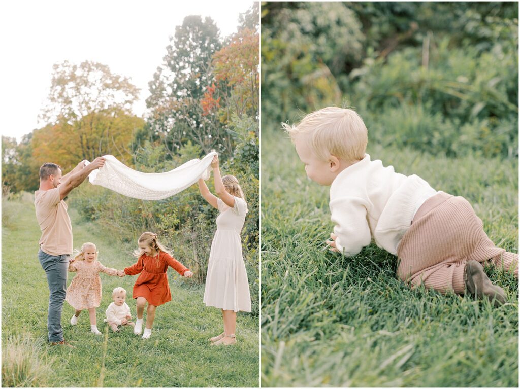 Left: Parents holding a white blanket while kids run under it. Right: Baby Boy crawling through the grass