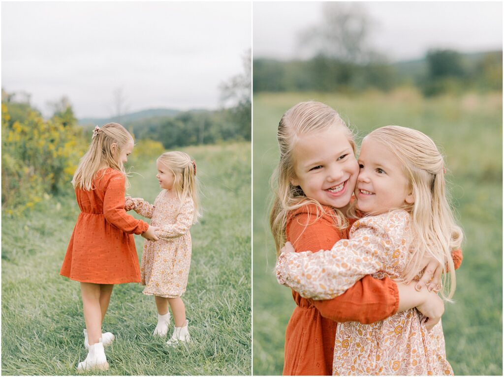 Left: Sisters playing Ring Around a Rosy. Right: Sisters hugging each other