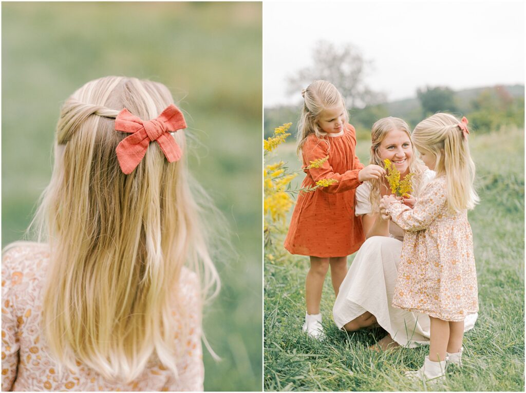 Left: Details of a little girl's hair and bow. Right: Mother picking goldenrod with her daughters