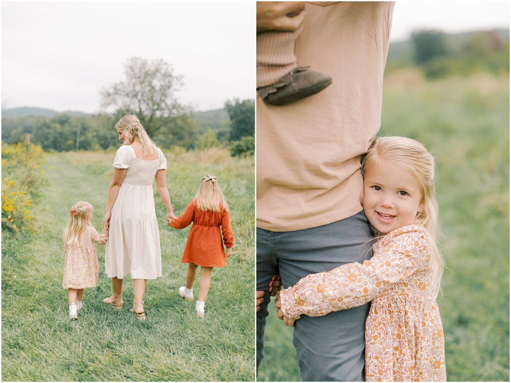 Left: Mother walking along a nature path with her daughters. Right: Young girl hugging her father's leg.