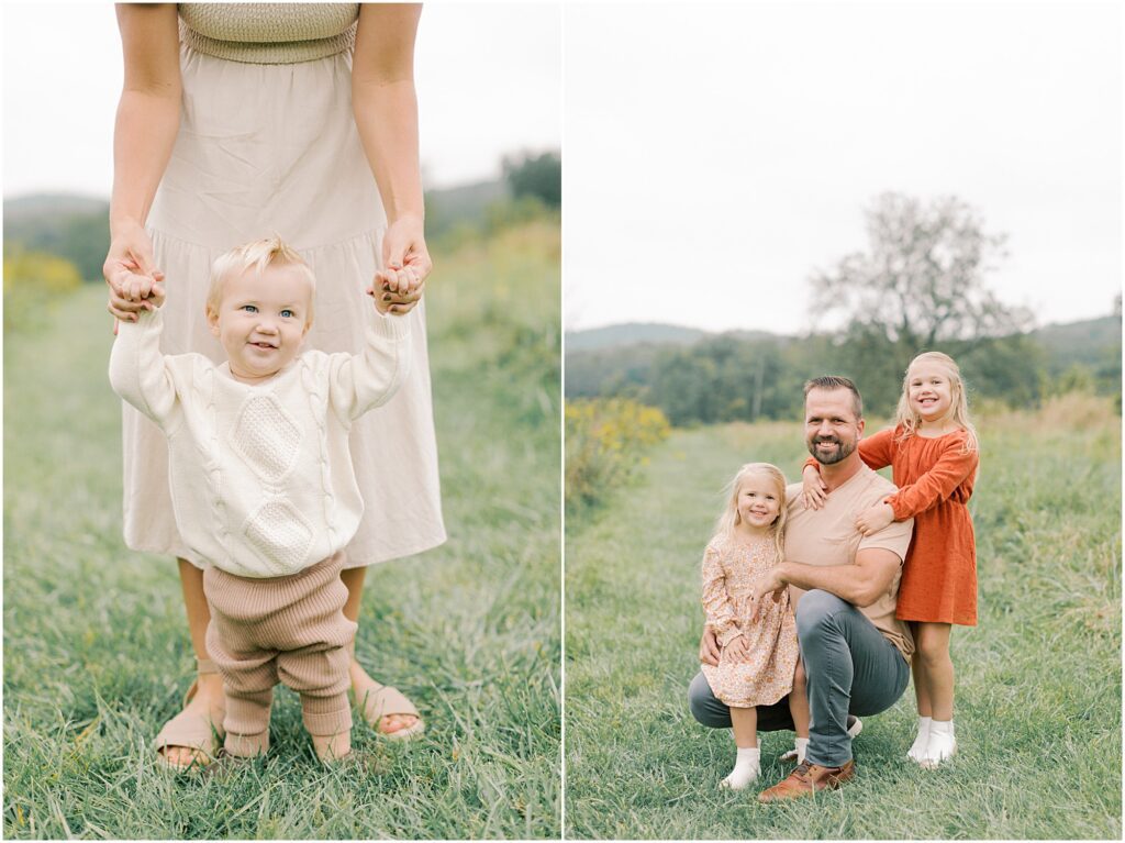 Left: Mother holding her toddler son's hands while he walks. Right: Dad with daughters in nature looking at the camera.