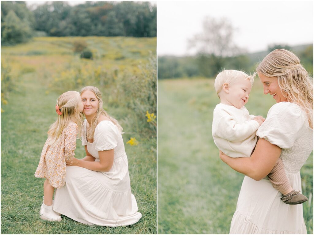 Left: Young daughter kissing her mom's cheek. Right: Mother holding her toddler son face to face.