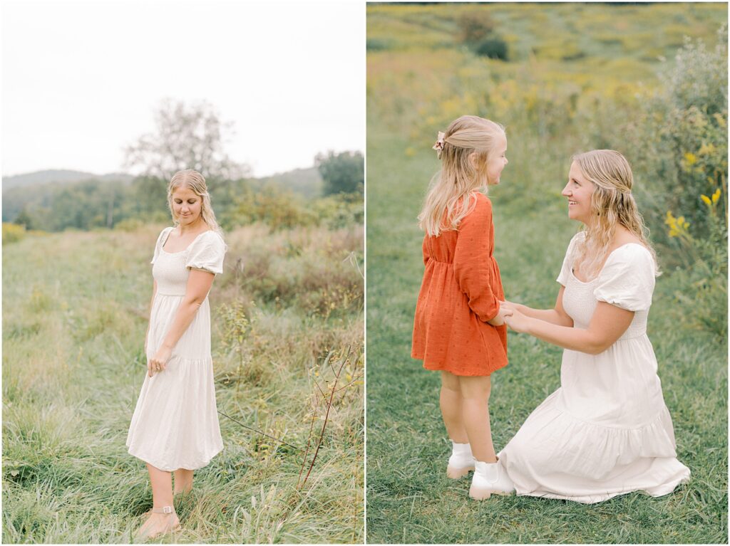 Left: Woman standing in nature holding her dress. Right: Mother crouched down holding her daughter's hands and looking into her face.