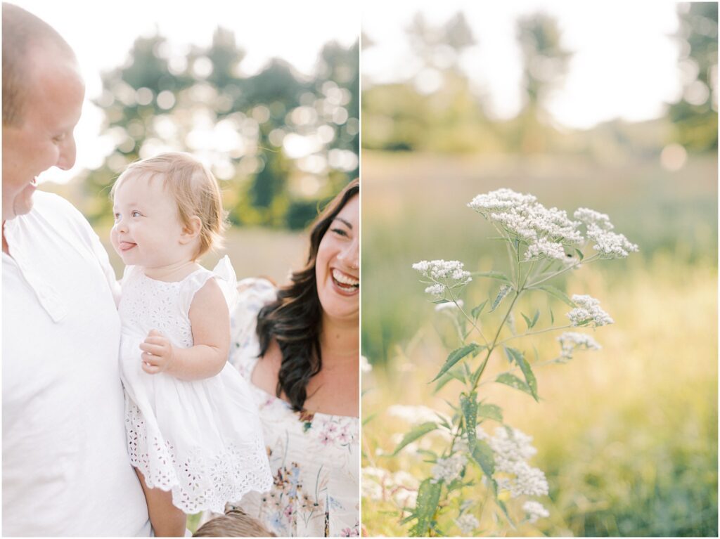 Left: Toddler girl smiling in her dad's arms. Right: up close image of wild white flower.