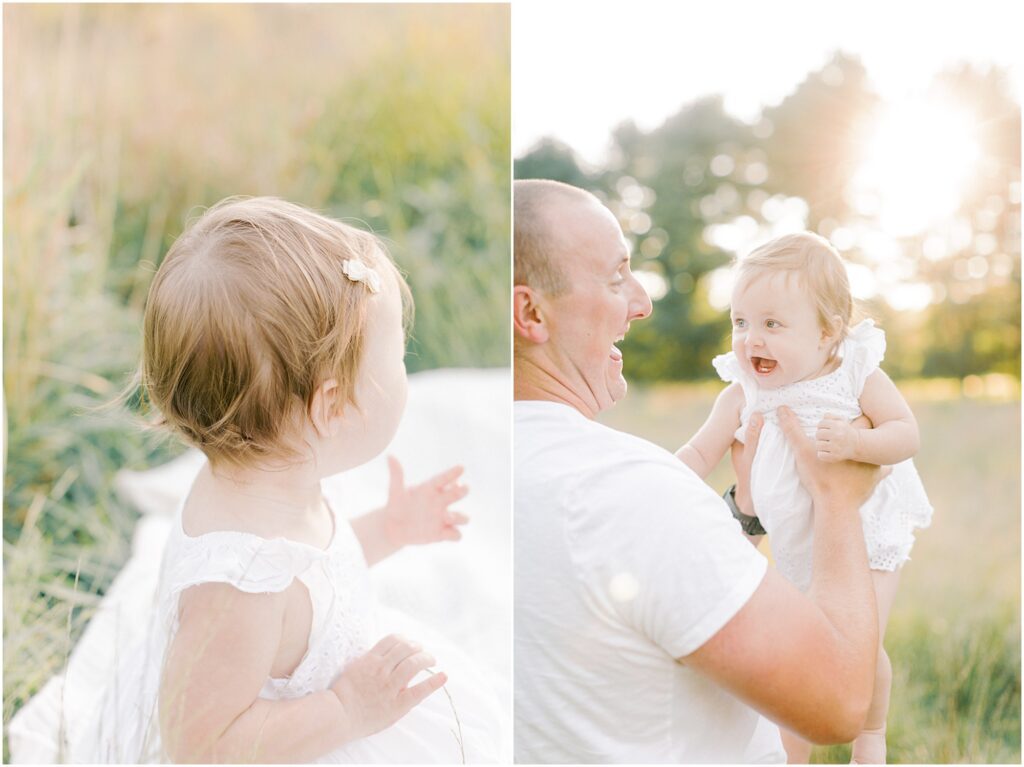 Left: Details of toddler girl's hair and bow. Right: Dad lifting his daughter into the air with the sunlight filtering behind.