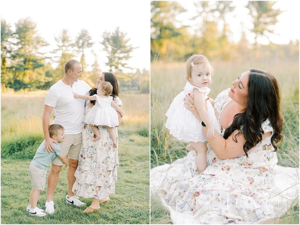 Left: Young family having a group hug looking at each other in a field. Right: Mother on a white blanket looking at her toddler daughter. 