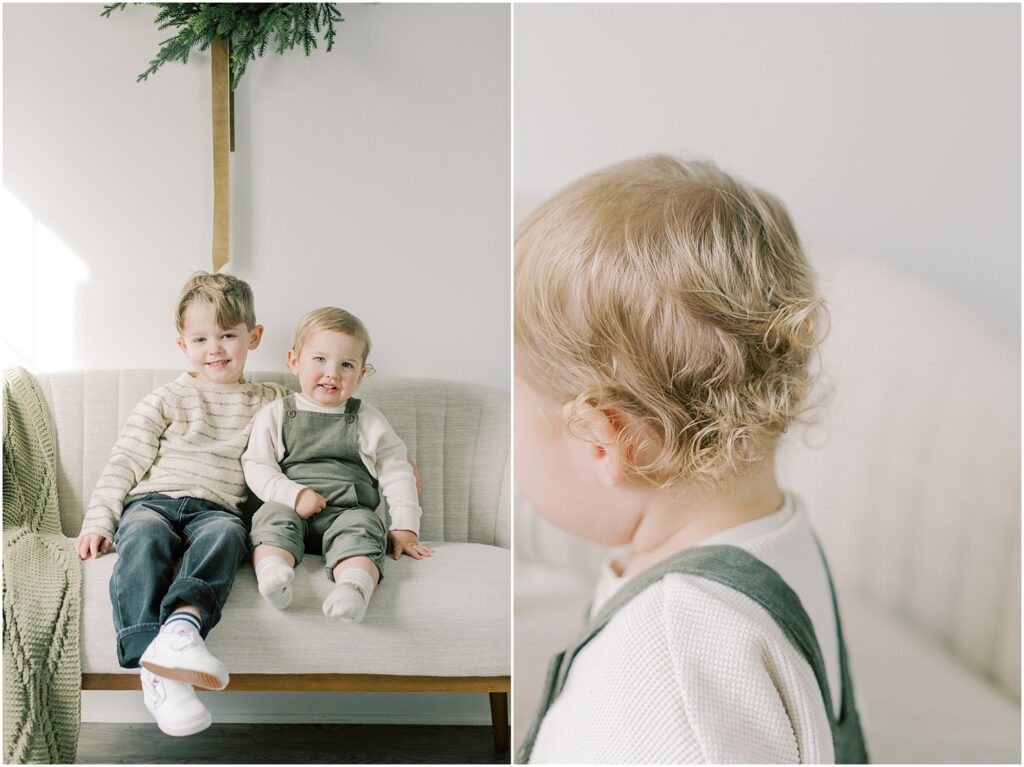 Left: Little boys sitting together on a couch at Lancaster, PA Christmas Mini Sessions. Right: Details of toddler boy's curls.