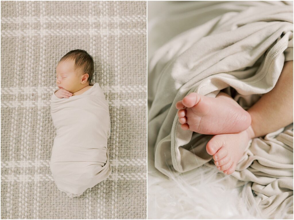 Left image: baby boy laying on a neutral plaid backdrop. Right image: details of baby's toes