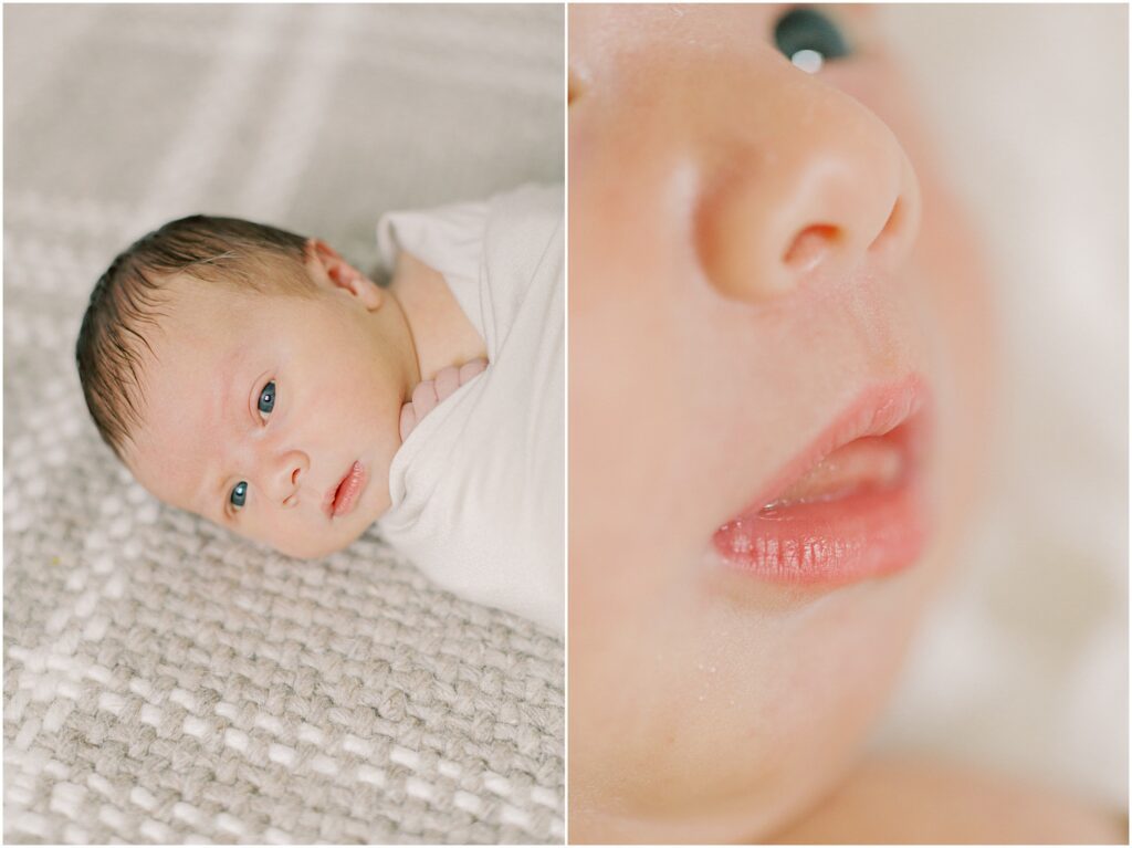 Left image: newborn awake on a neutral backdrop. Right image: details of newborn baby's lips and nose.