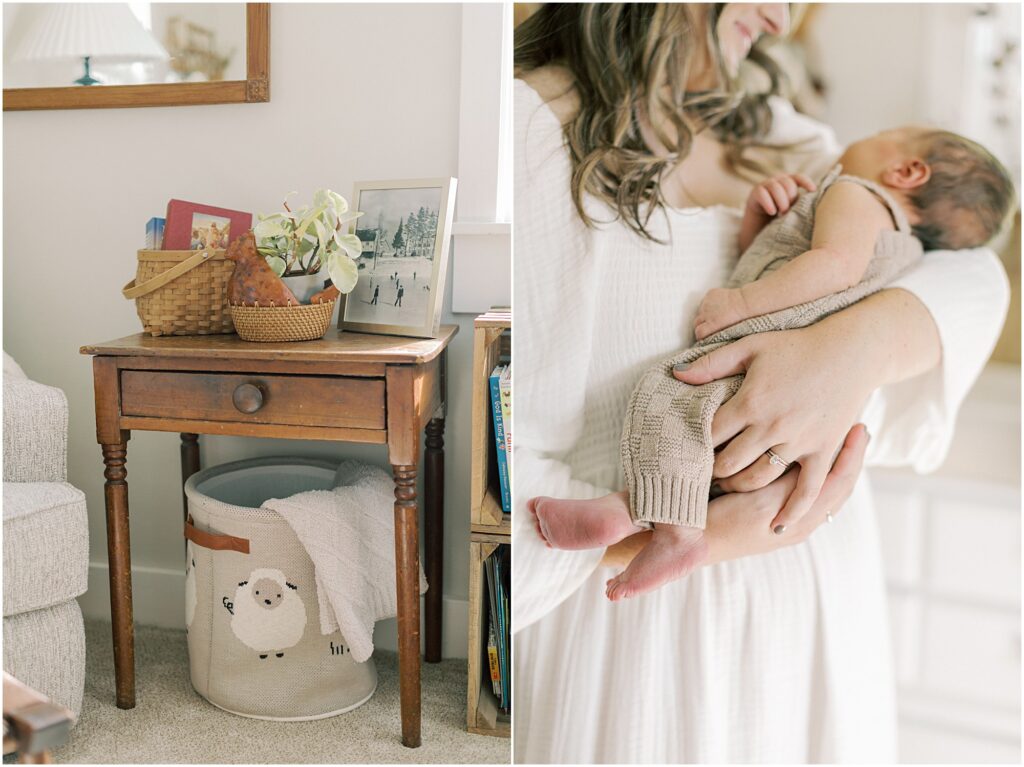 Left image: details of farm style nursery. Right image: details of mother's arms holding her newborn son.