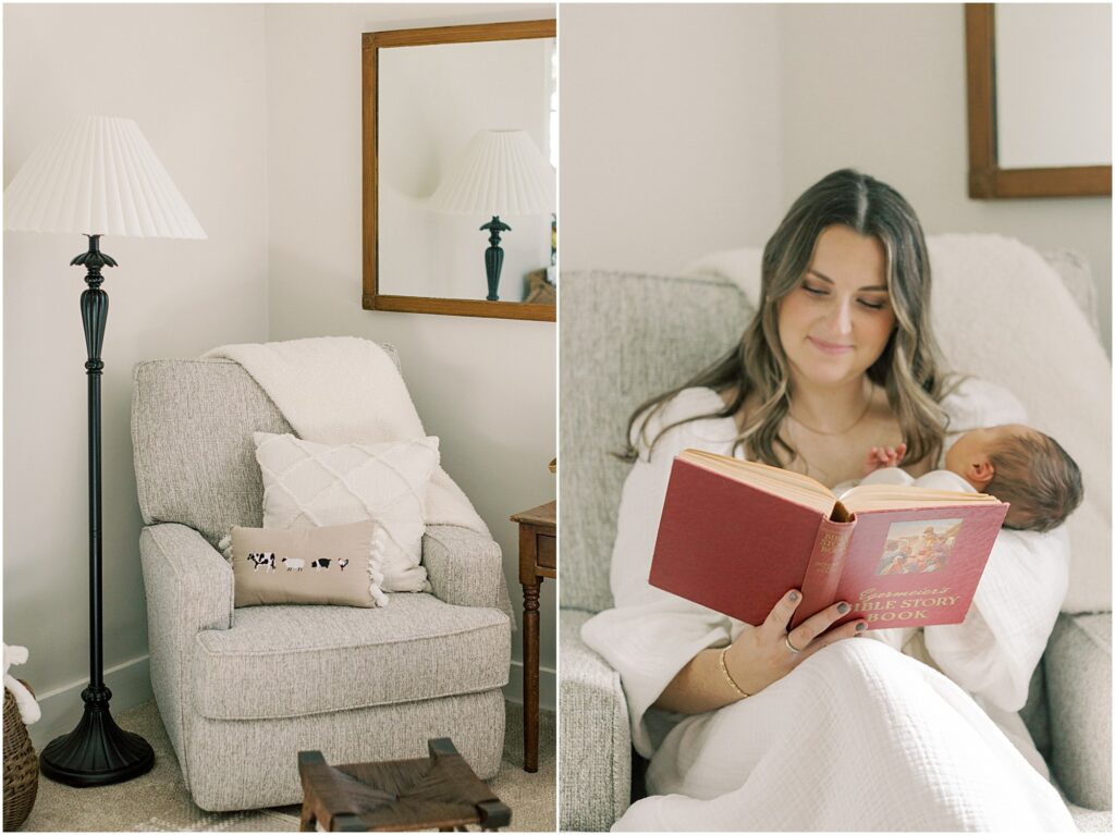 Left image: details of a rocking chair recliner in a nursery. Right image: Mother reading a Bible story book to her newborn.