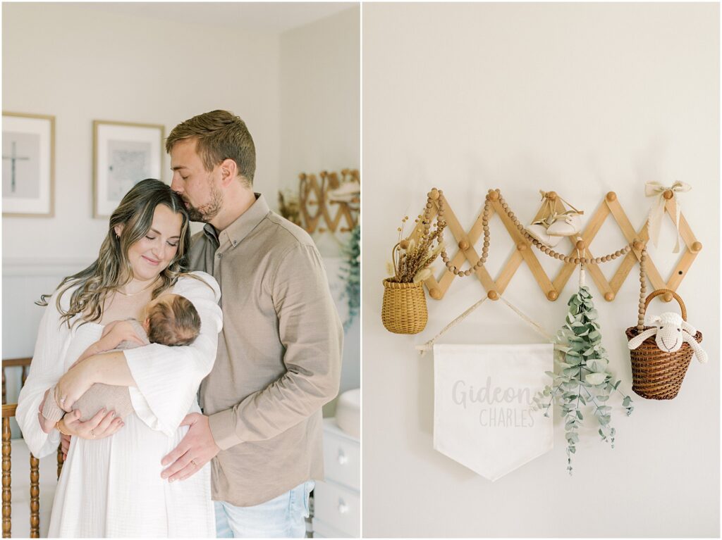 Left Image: Husband kissing his wife's temple while she holds their newborn son in a lifestyle newborn photography session.Right: details of a wall hanging in a nursery in a lifestyle newborn photography session.