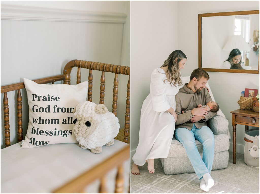 Left image: details of a pillow and stuffie in a crib. Right image: Parents sitting on a rocking chair looking at their baby boy in a lifestyle newborn photography session. 