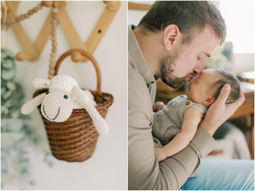 Left Image: little stuffed sheep in a basket hanging on the wall. Right image: Father kissing his newborn's face.