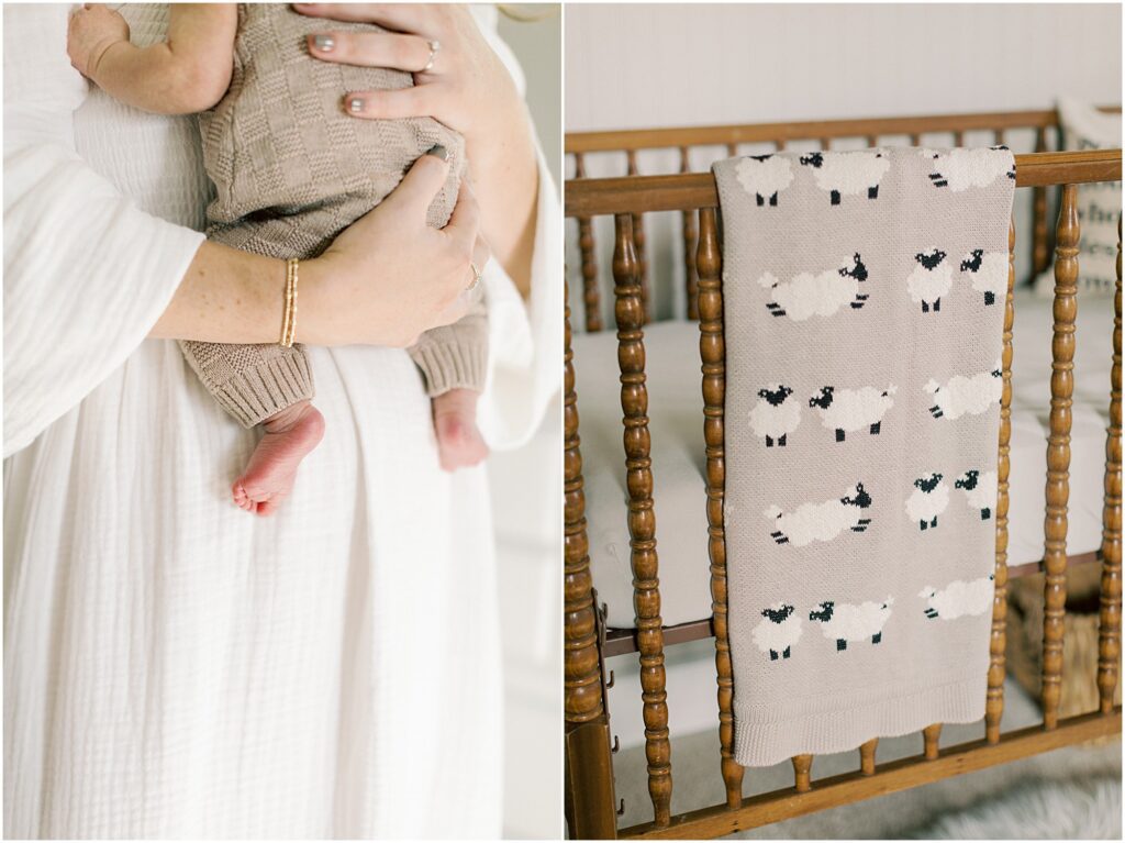 Left image: details of a mother holding her newborn son showing his little toes. Right image: details of sheep blanket hanging over the side of a crib.