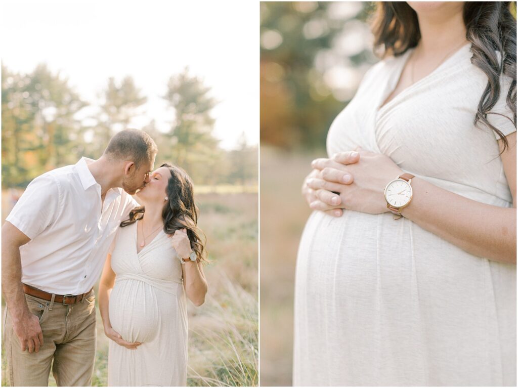 Left: Pregnant woman kissing her husband. Right: Pregnant woman's hands over her belly with a watch on her wrist.