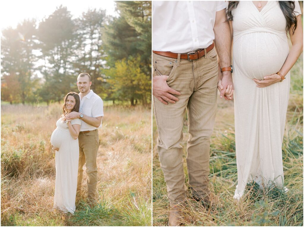 Left: Husband and expecting wife standing in a field. Right: Details of expecting couple holding hands