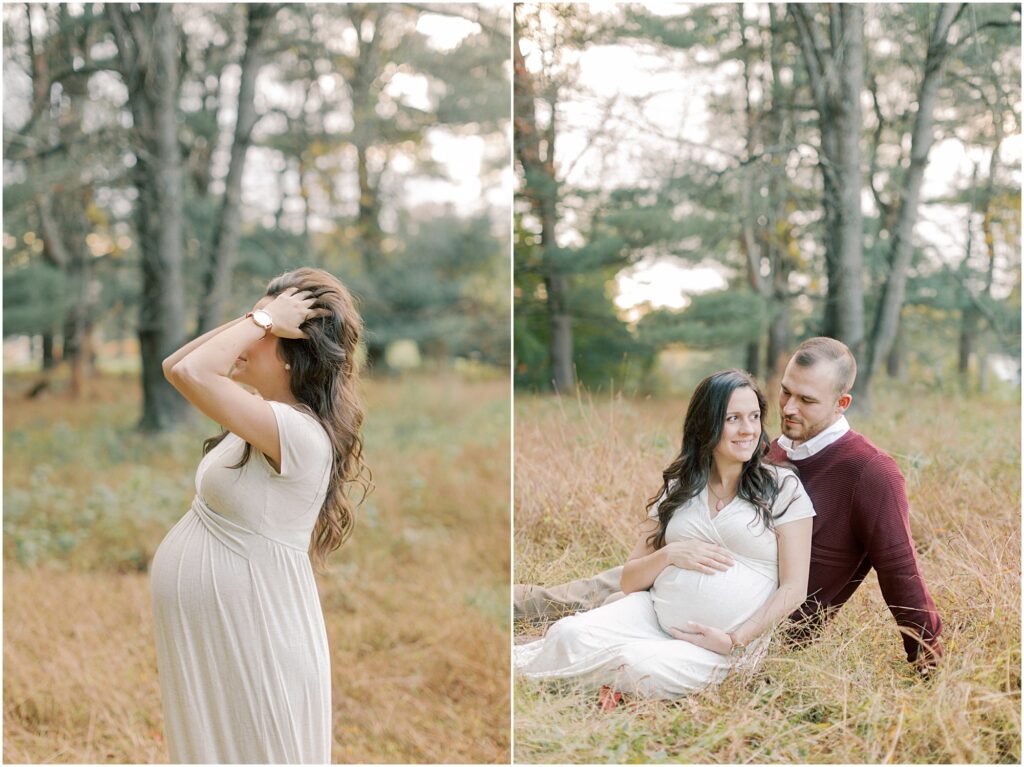 Left: Expecting mama fluffing her hair with both hands. Right: Expecting couple sitting in the fall grasses in a Lancaster County Central Park Maternity Session