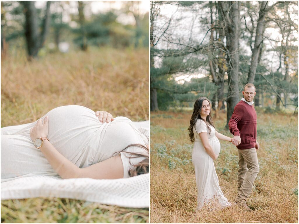 Left: Expectant mother's belly as she lays on the ground. Right: Husband leading his pregnant wife in the woods.