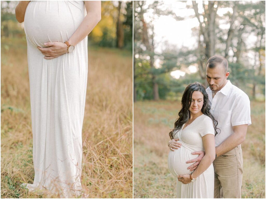 Left: Details of mother's pregnant belly and lower body. Right: expecting couple standing together holding her baby belly. 