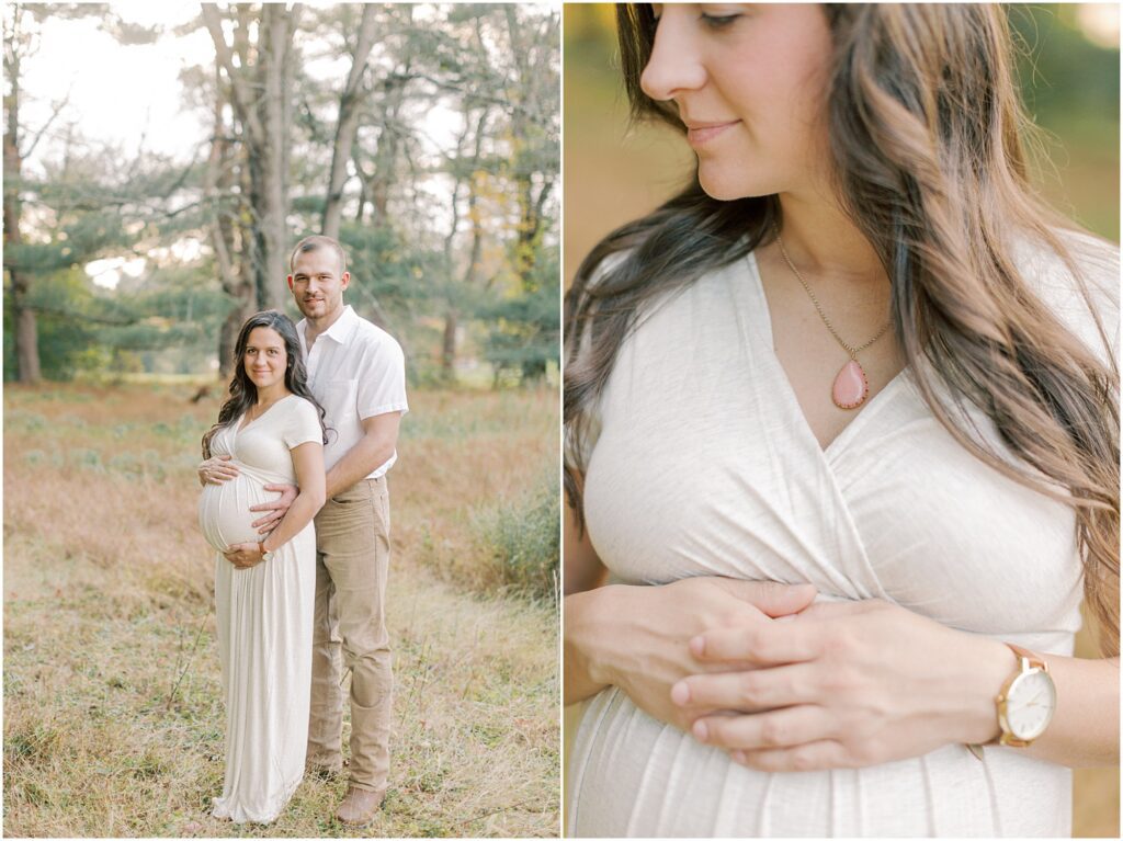 Left: Expecting couple standing in the woods together at a Lancaster County Central Park Maternity 
Session. Right: Details of expectant mother's pink necklace.