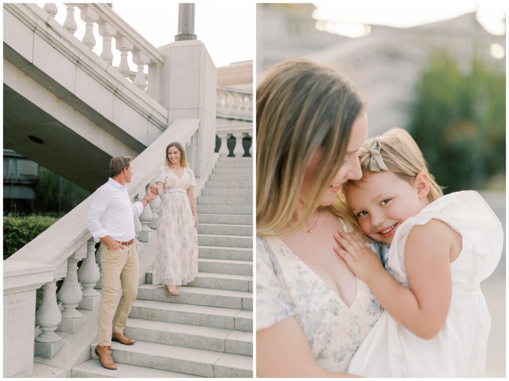 Left: Husband leading wife down the stairs at the Harrisburg PA Capitol Building. Right: Mother daughter snuggles.