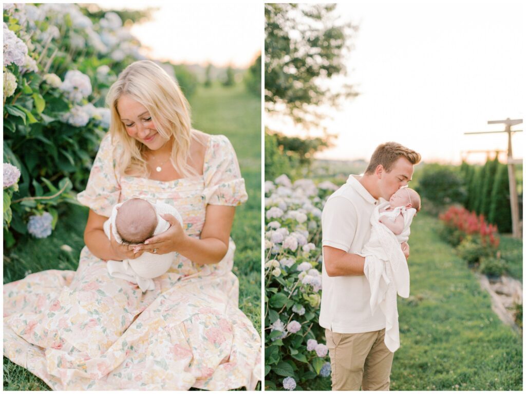 Left: Mother looking down lovingly at her baby. Right: Father kissing his newborn daughter's cheek.