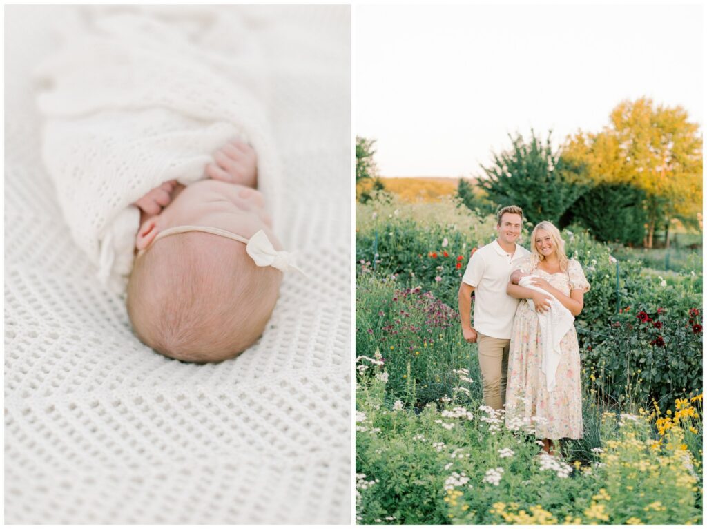 Left: Newborn baby girl details of her hair with hair. Right: Portrait of new parents with their baby in a flower garden